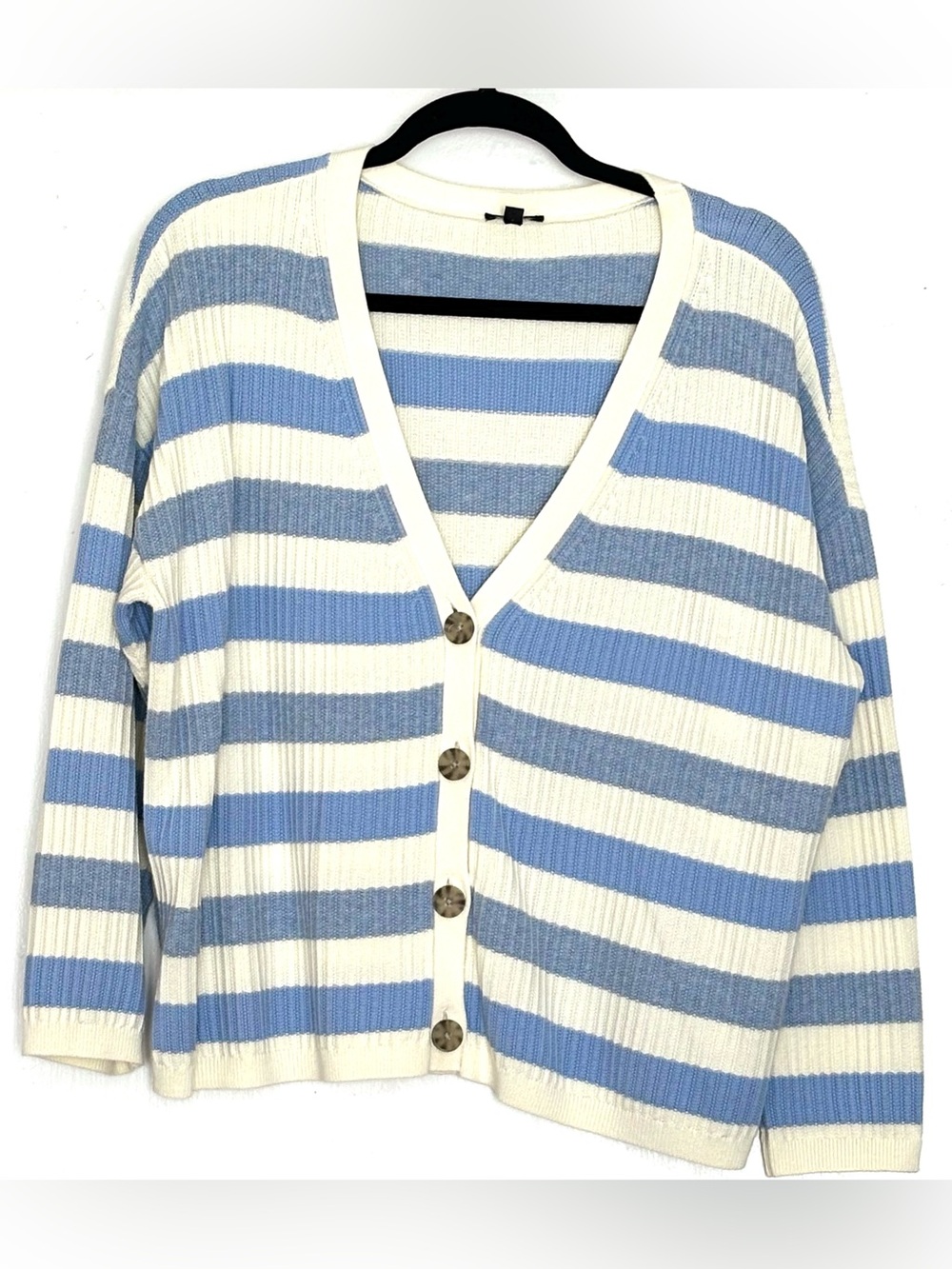 Talbots V-Neck Cardigan Sweater Light Blue White Stripe Size 1XP
